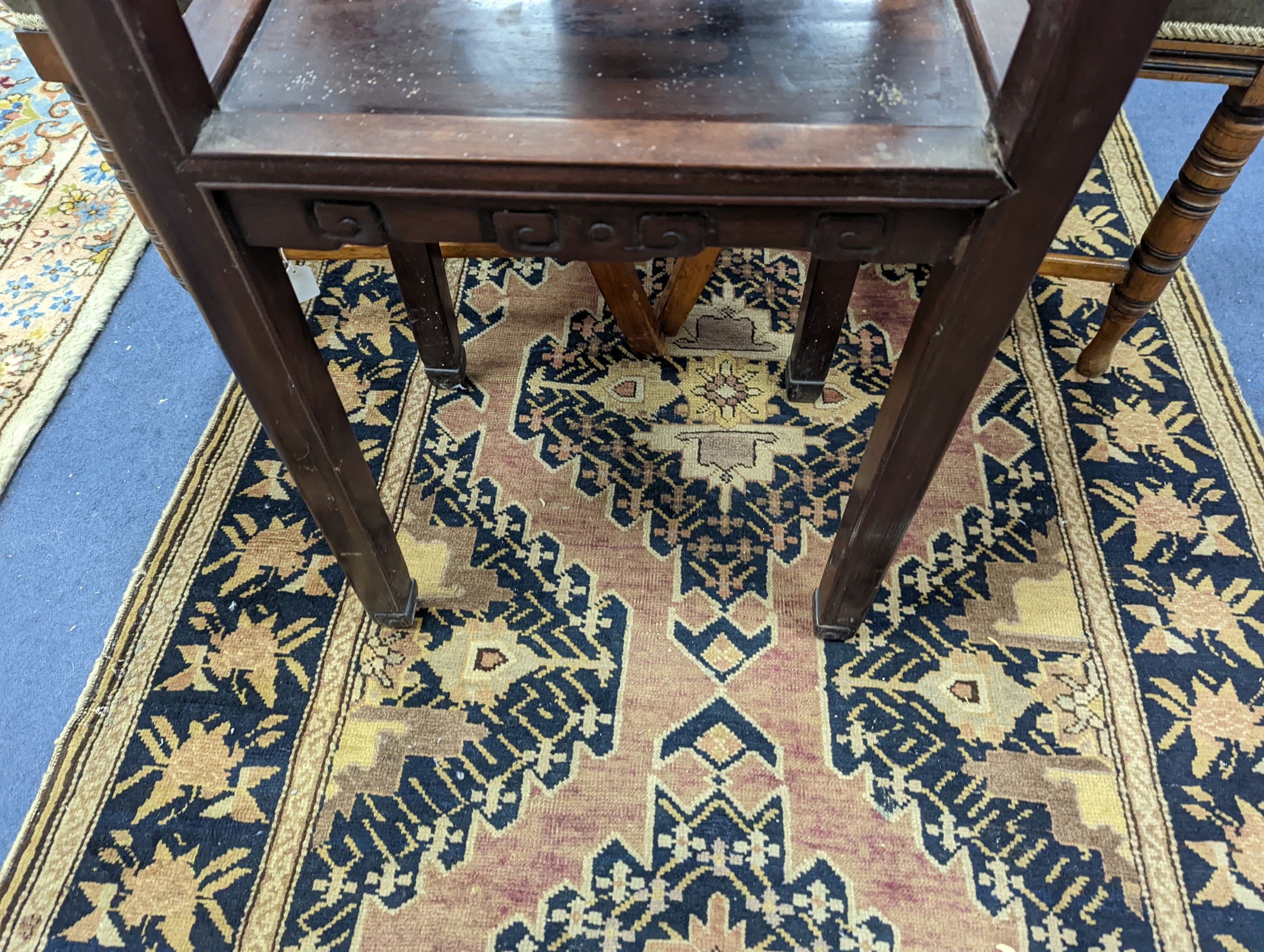 A late 19th century Chinese marble inset hardwood occasional table, width 41cm, height 79cm
